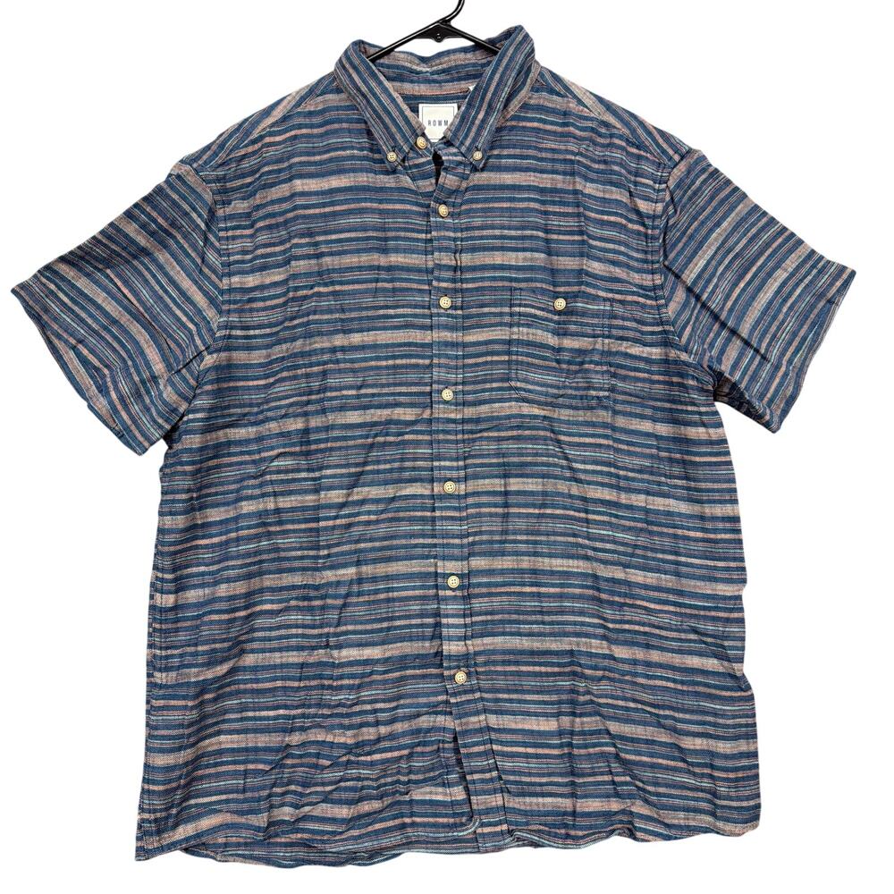 ROWN Mens Shirt Blue Salmon Stripe Button Down Short Sleeve 100% Cotton XL